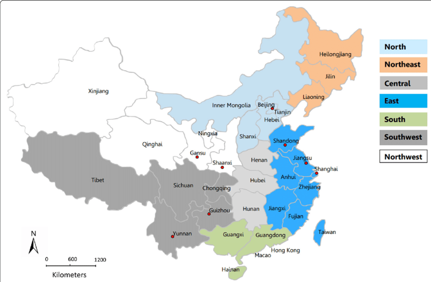 china geography map by 7 regions