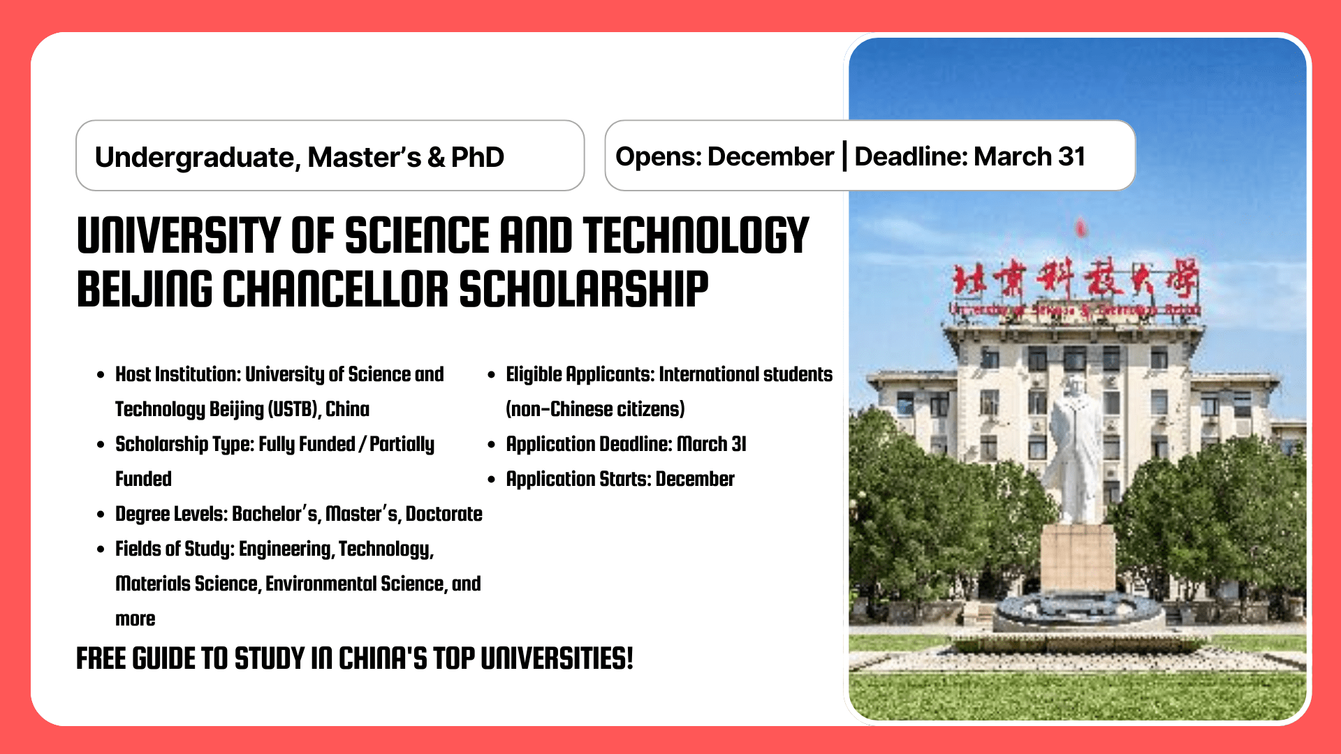 University of Science and Technology Beijing Chancellor Scholarship